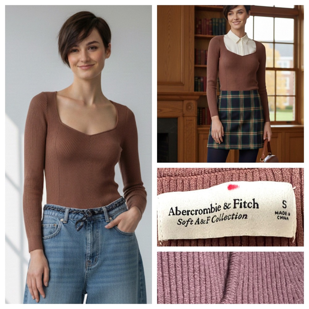 Abercrombie Fitch LuxeLoft Top Women's Ribbed Sweetheart Neck Brown Sz S‎ Preppy